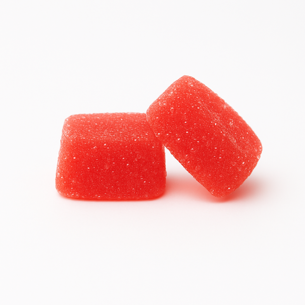 deux gummies THC 30mg saveur fraise hors du pot. gummies forme carré rouge recouvert de sucre