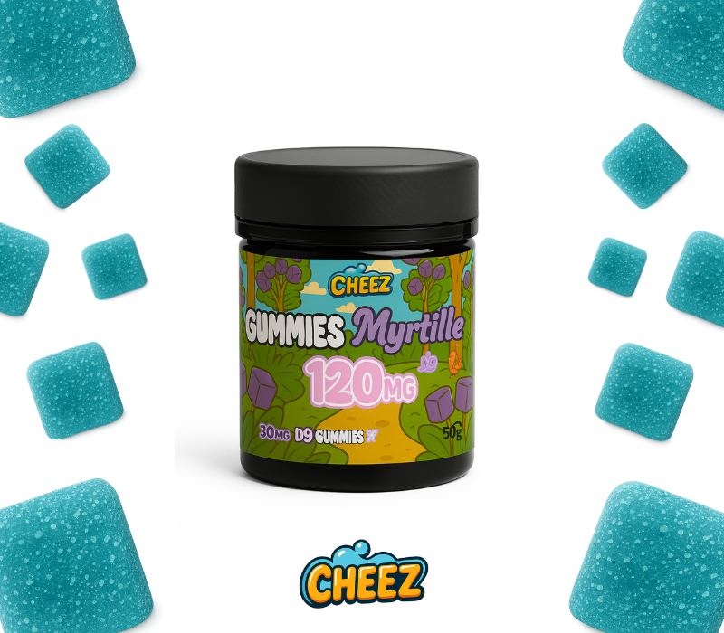 Boîte de 4 gummies THC 30mg Cheez goût myrtille, bonbons THC bleu légaux en France, packaging Cheez Extract, Bonbon à base de cannabis CBD extrait full Spectrum