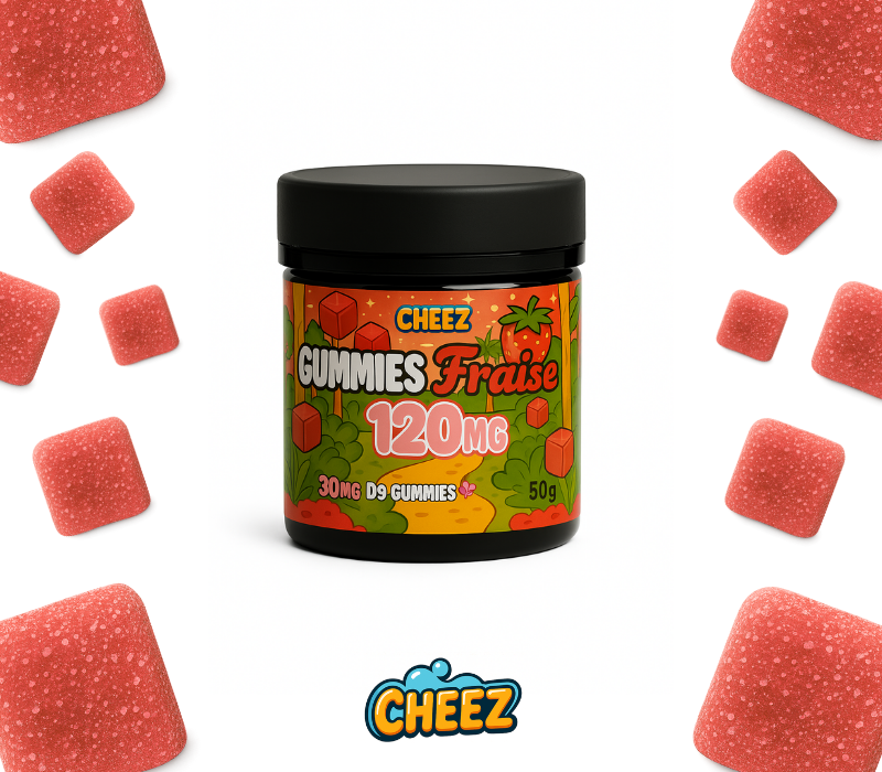 Boîte de 4 gummies THC 30mg Cheez goût fraise, bonbons THC bleu légaux en France, packaging Cheez Extract, confiserie à base de cannabis CBD extrait full spectrum