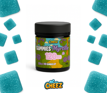 Boîte de 4 gummies THC 30mg Cheez goût myrtille, bonbons THC bleu légaux en France, packaging Cheez Extract, Bonbon à base de cannabis CBD extrait full Spectrum