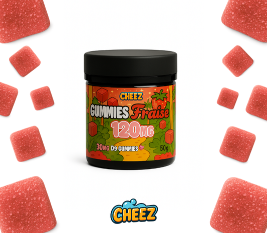 Boîte de 4 gummies THC 30mg Cheez goût fraise, bonbons THC bleu légaux en France, packaging Cheez Extract, confiserie à base de cannabis CBD extrait full spectrum